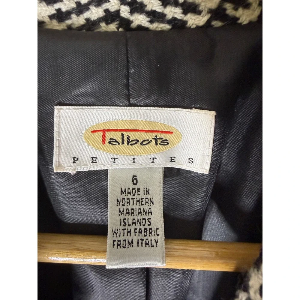 VINTAGE Talbots Petite Houndstooth Preppy Wool Blazer Black‎ White Red Plaid 6P